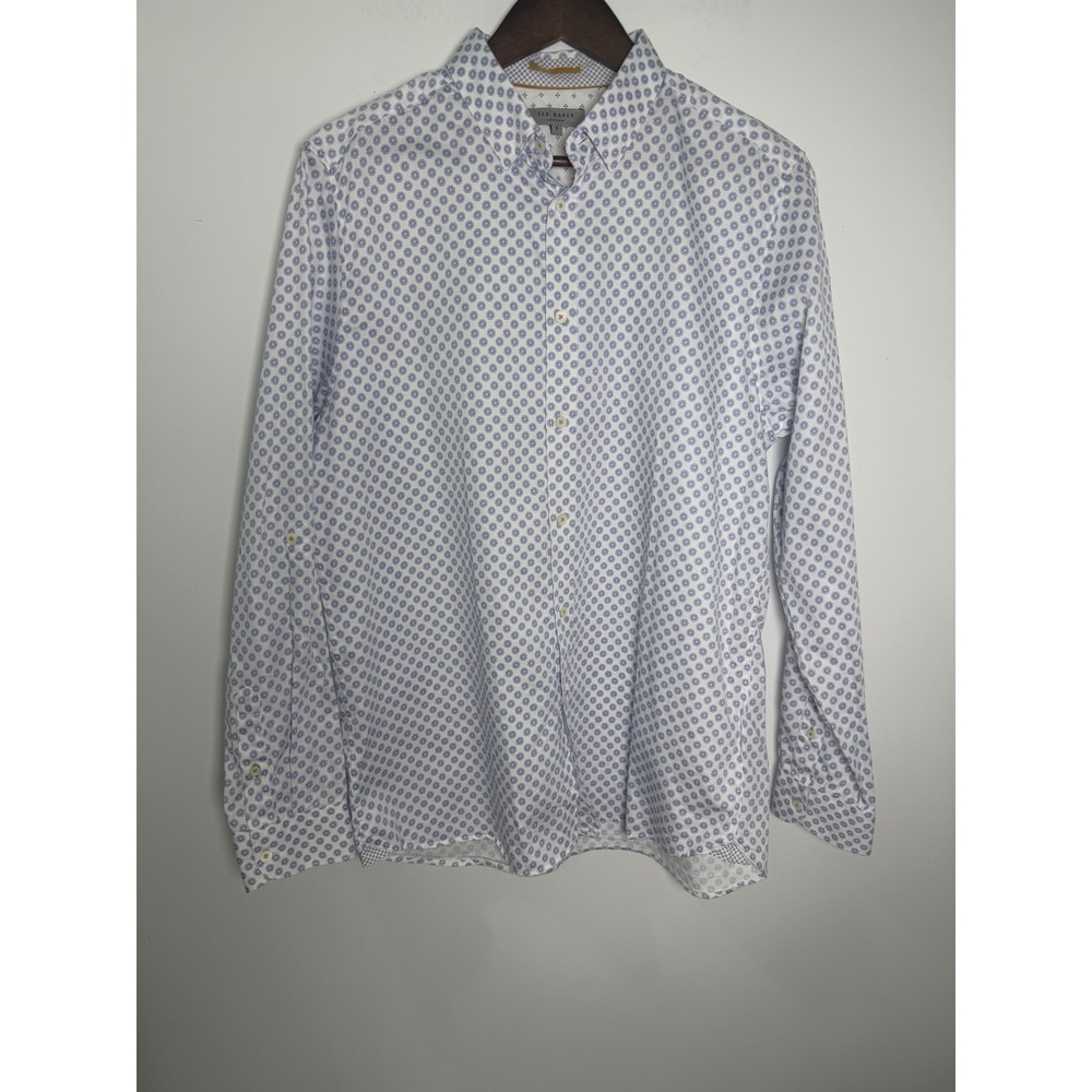 Ted Baker London Mens White Blue Geometric Floral Button Down Shirt Size 5 XL